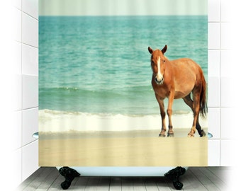 Horse shower curtain | Etsy - Fabric Shower Curtain - Wild Mustang of Carova Photography, North Carolina,  OBX, wild horse, sea, ocean, beach, decor, shower curtain