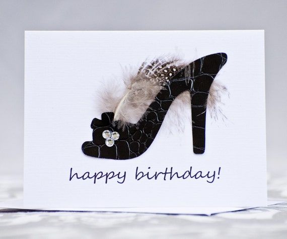 Birthday Card High Heel Black Shoe with Feather and