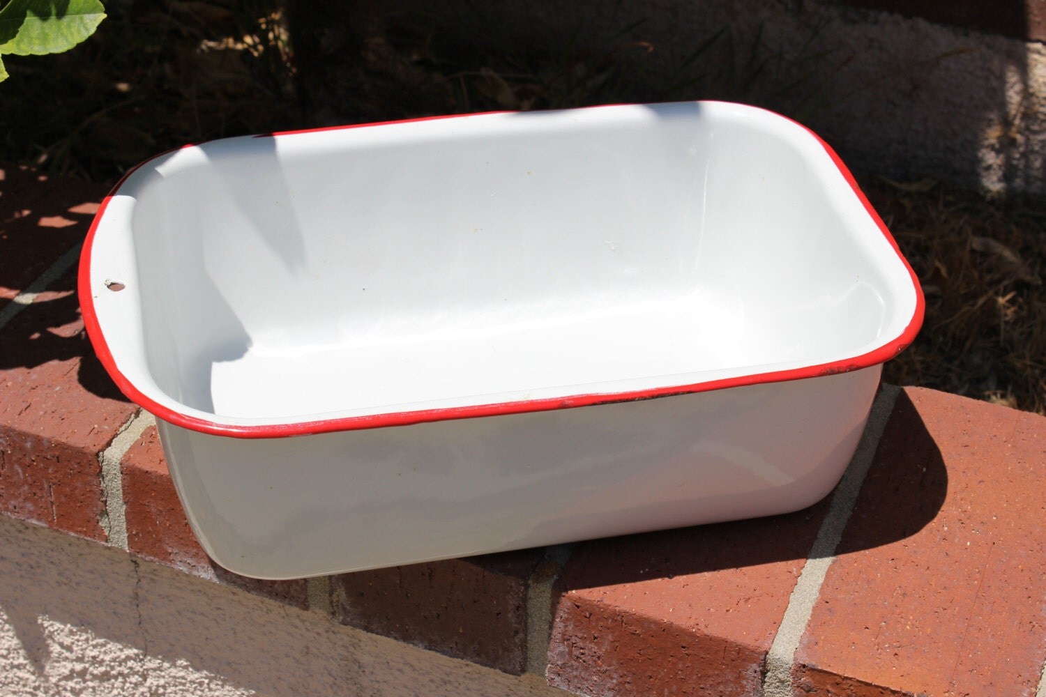 Enamelware White Pan with Red Trim Retro Kitchen Rustic