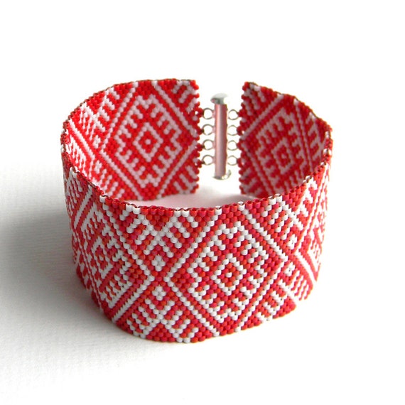 Red and White Peyote Cuff With Ukrainian Traditional Pattern - wide ...