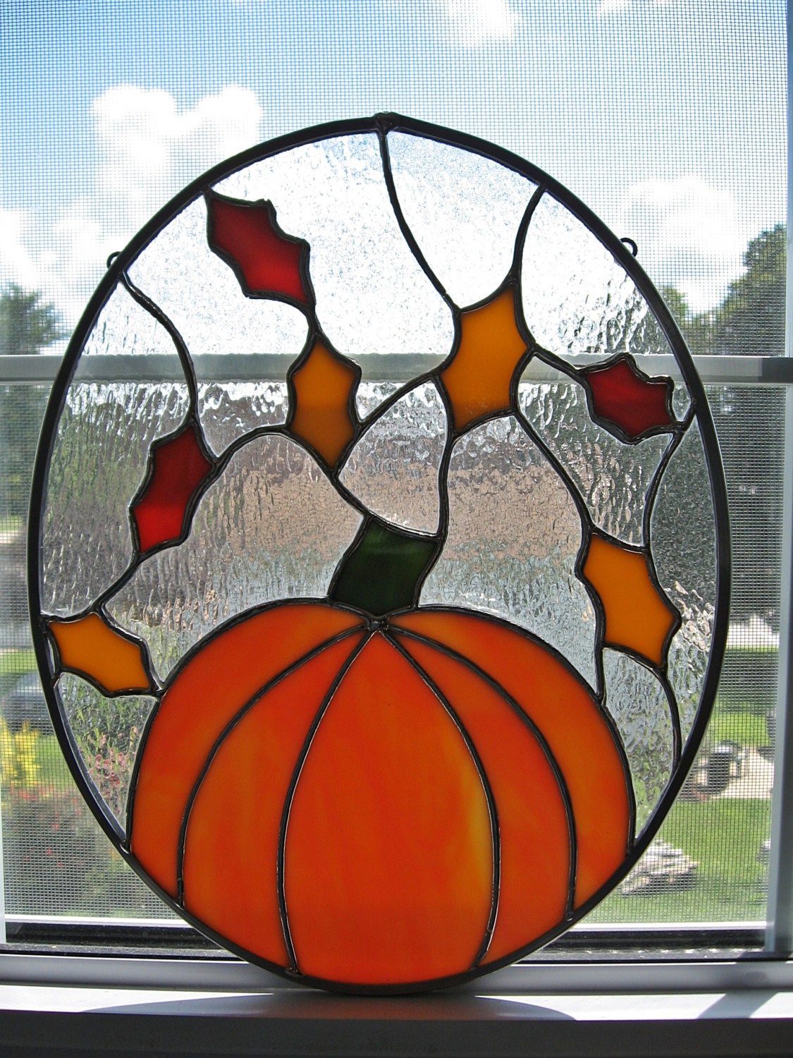 Fall Leaves and Pumpkin Stained Glass Panel Fall Suncatcher
