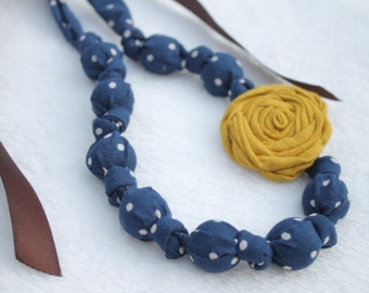Fabric Necklace,Teething Necklace, Chomping Necklace, Nursing Necklace - Blue Polka Dots with Yellow Rose