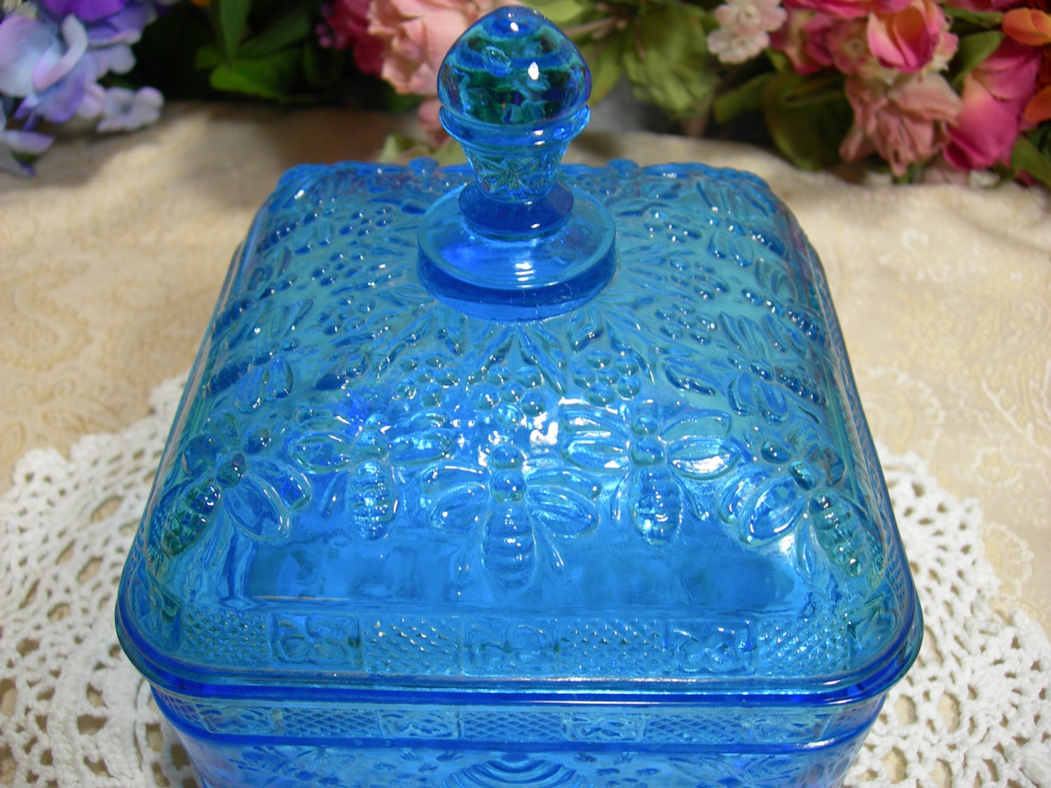 Blue Indiana Glass Tiara Honey Bee Hive Footed Candy Dish