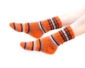 WOMAN WOOL SOCKS "Crazy pumpkins".  Hand knitted from natural orange colour sheep wool yarn. Great for hiking