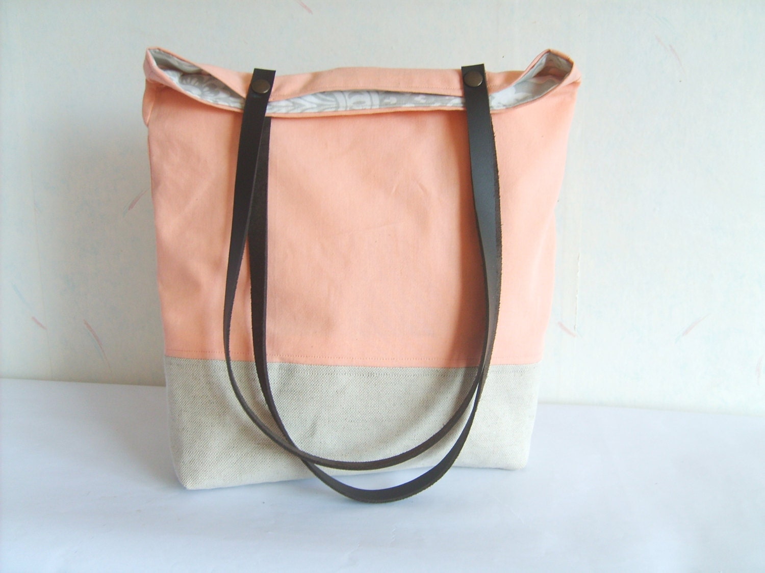 Peach tote salmon pink bag leather straps colorblock tote