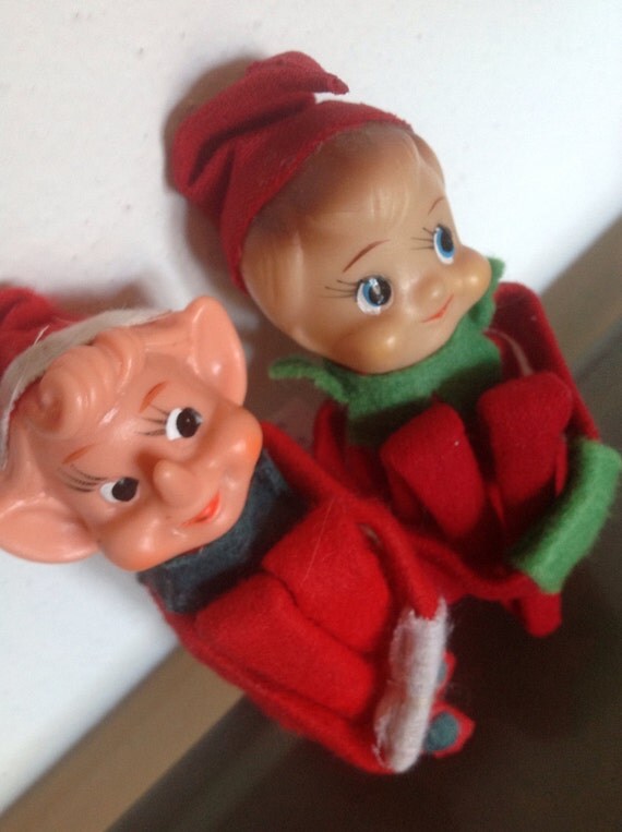 Set of Two Vintage Elves Christmas Knee Hugging by BirchTreeLane
