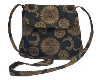 New Medium Cross body Bag/ Messenger Bag/ iPad Bag/ Black with brown flowers.