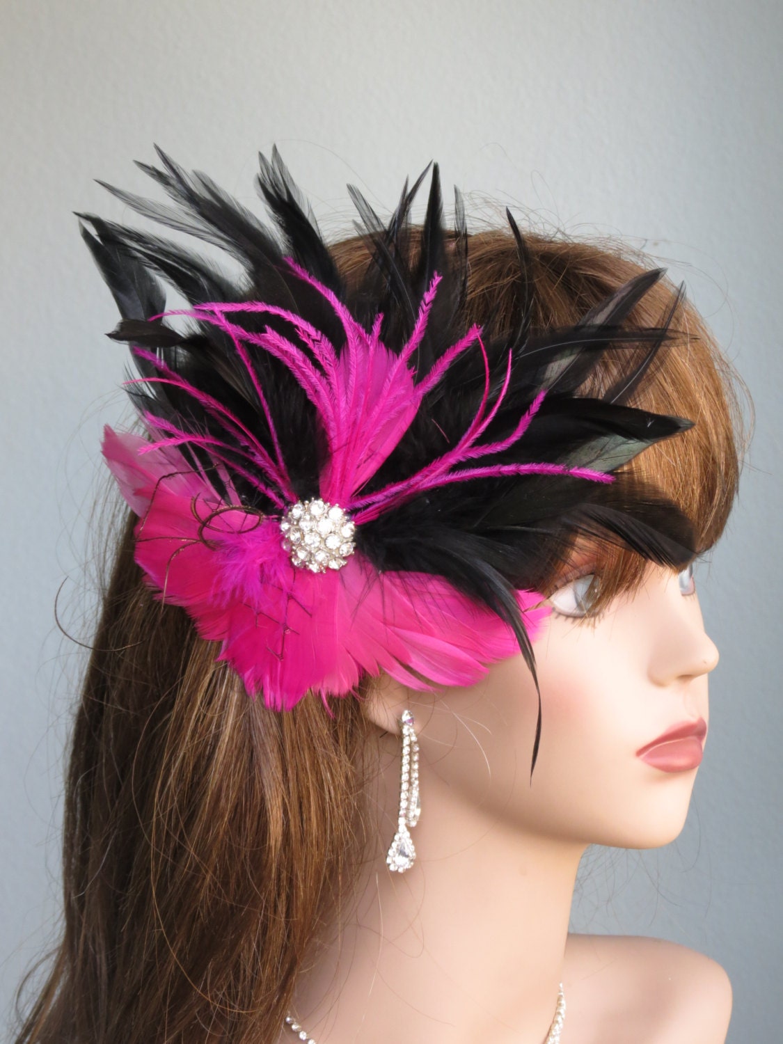 Hot Pink Black Bridal Feather Hair Clip Wedding Accessory
