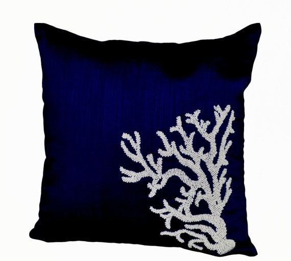 Decorative pillow white coral on navy blue silk in beads