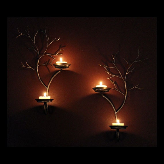 Set of two candle metal tree sculpture wall sconces for