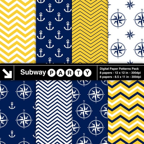 Nautical Yellow, Navy Blue and White Digital Papers. Chevron, Anchors & Compasses. Scrapbook / Invite DIY 8.5x11 12x12 jpg INSTANT DOWNLOAD Il_570xn