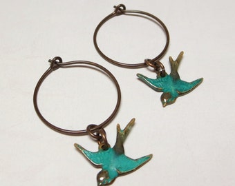 Bird Earrings Dangles Blue Bird Bluebird Earrings Hoop Earrings Turquoise Teal Blue Sparrow Flying Birds Bridal Wedding Nature Shabby Chic