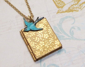 Book Locket Brass Book Locket Floral Locket Blue Bird Locket Bluebird Locket Petite Locket Bird Necklace Bird Pendant Turquoise Bridesmaid