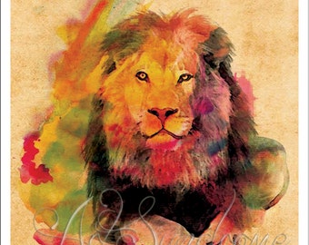 Lion illustration in a colorful watercolor digital effect on a vintage ...