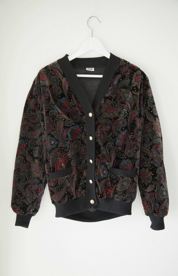 90s Velvet Bomber Jacket With Floral Print