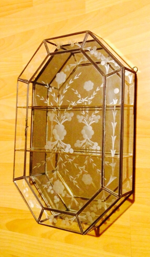 Vintage Etched Glass Mirror Curio with Brass Trims and