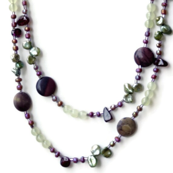 Extra Long Bohemian Necklace Taupe Sage Mint Burgundy Keishi