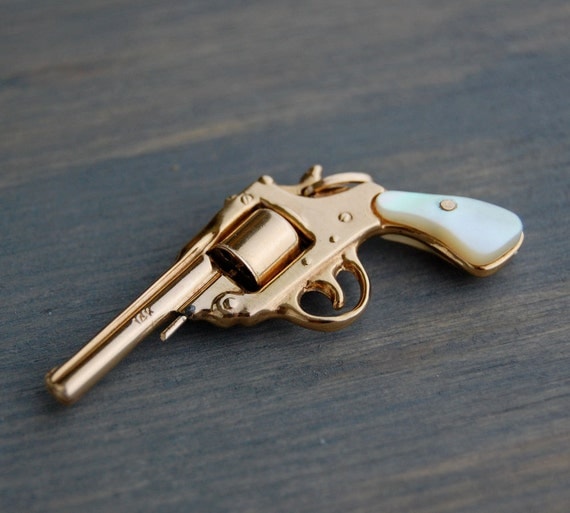 Vintage 14k Revolver Gun Charm Mother of Pearl Handle