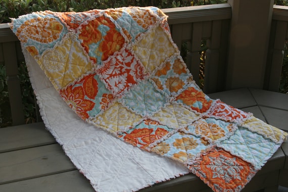 Crib Quilt, Rag, Heirloom in Citrine, tangerine orange, lemon yellow, greens and blues, Perfect for a gender neutral, Baby Shower Gift