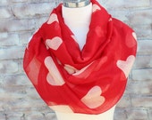 Red color infinity scarf  with ivory color  hearts  print  for woman great accessory for your outfit