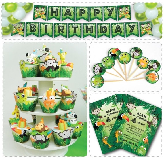 Print Your Fiesta digital party set - Jungle Party Kit - invitation cards, cupcake wrappers, circle toppers, banner, food labels Il_570xn