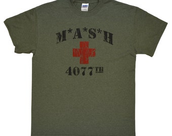 MASH 4077th tv Division Vintage Style Distressed citcom Heather Military Army Green T-Shirt