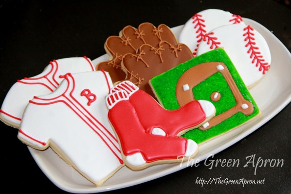 18 (1 and 1/2 dozen) Boston Baseball Themed  Decorated Sugar Cookies