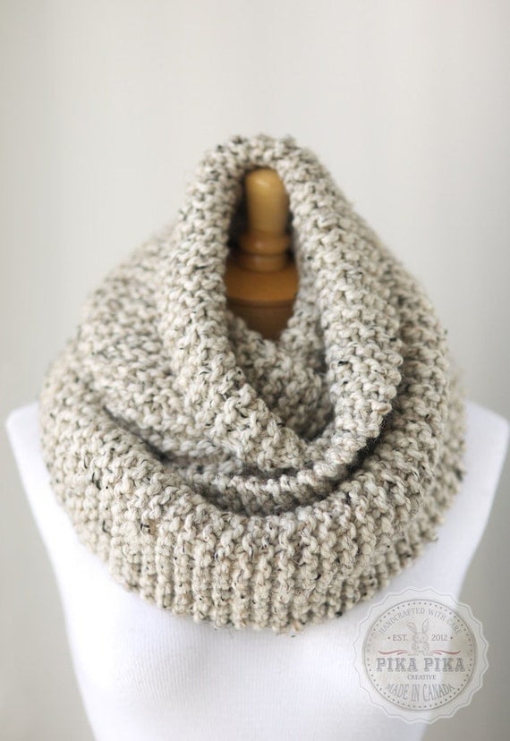 Chunky infinity scarf in Oatmeal Brown knit by HouseofPikaPika