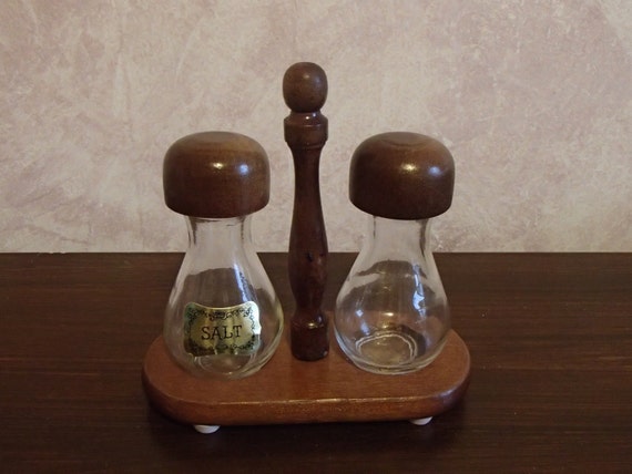 Wood/Glass Salt and Pepper Shakers with Stand