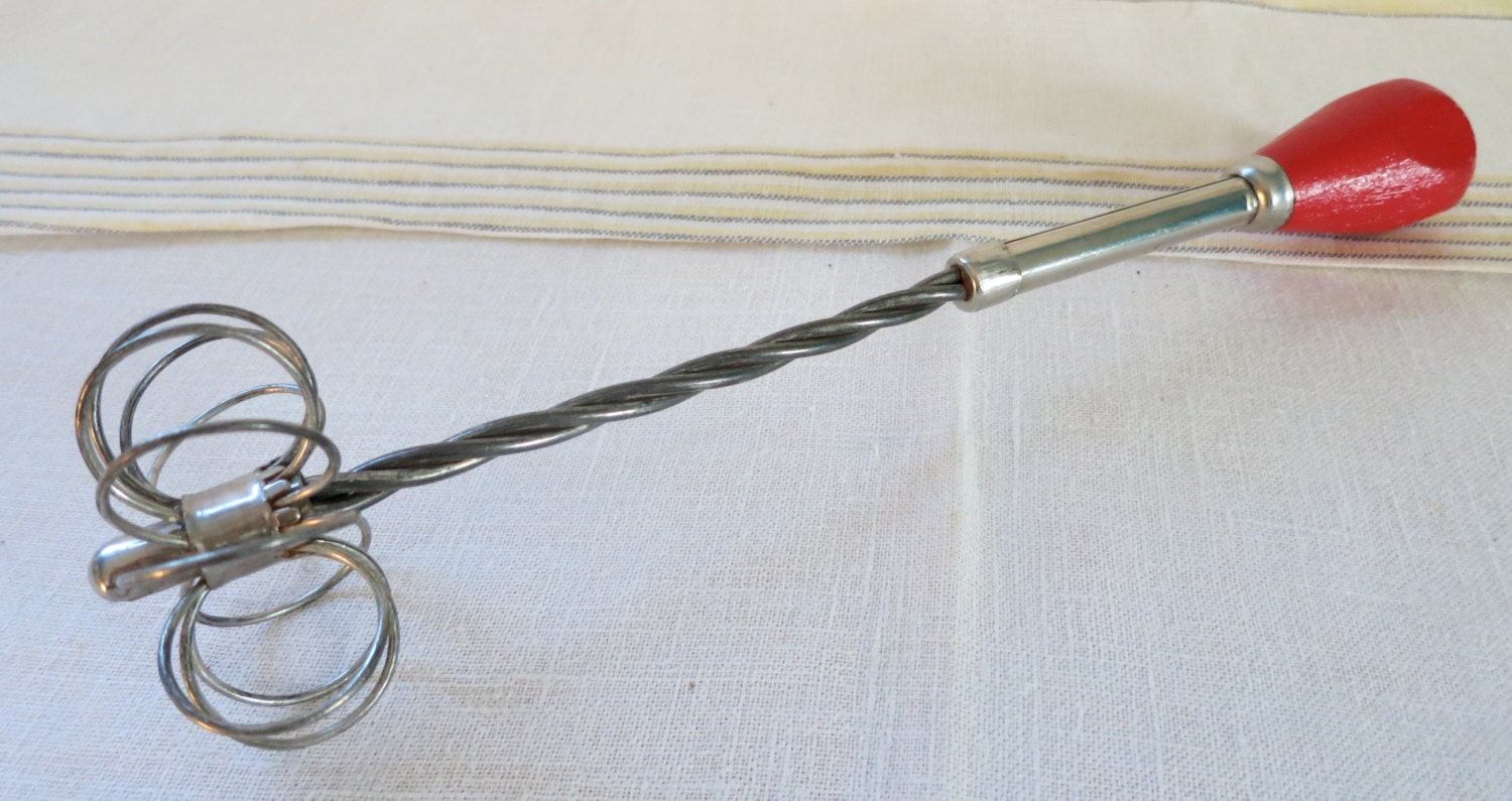 Vintage Red Wood Handled Spring Loaded Egg Beater WhiskMade in England