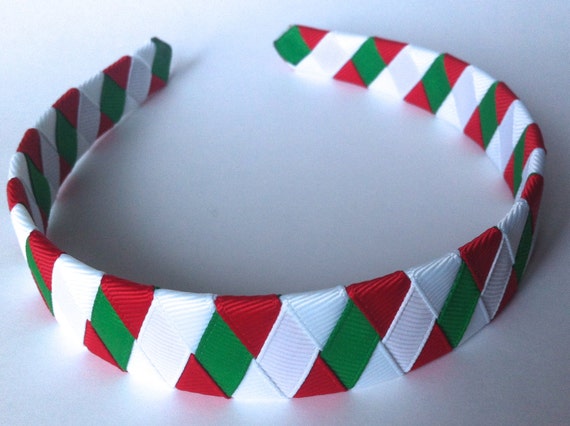 Woven Headband Christmas Red Green and White Ribbon