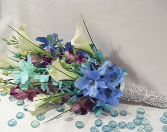 Ashley's Bridal Bouquet, Longer Arm Bouquet Lavender,Aqua,Royal Blue Orchids, White Calla Lilies