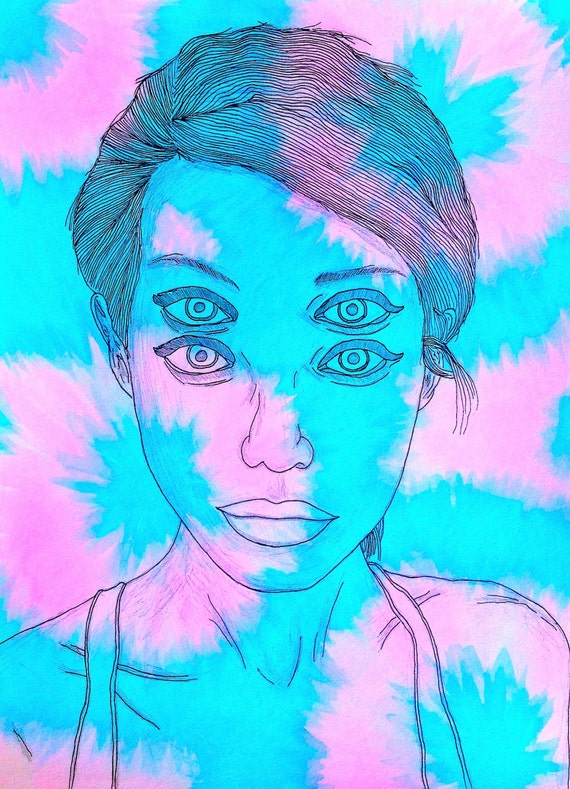 Trippy 4 eyes psychedelic babe portrait tye dye watercolor