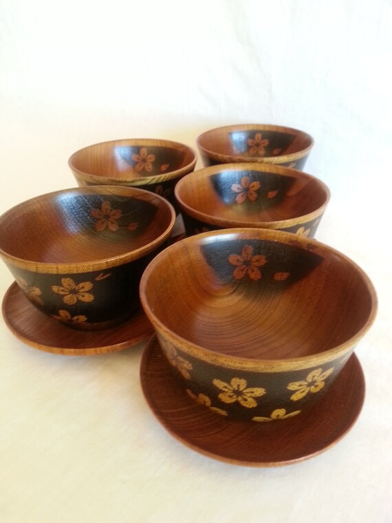 Wood Asian Serving Bowls w/ Plates