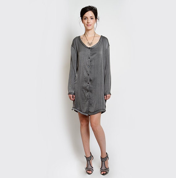 Sale, Silver Satin buttoned Dress, Grey Satin Tunic