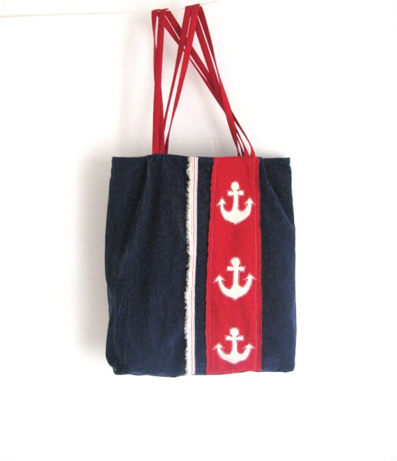 Anchor red indigo blue velvet large marine  tote reusable shoulder diaper lap top market bag handbag purse Summer  beach nautical OOAK bag