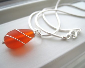 Orange Bridesmaid Jewelry - Orange Sea Glass Necklace - Bridesmaid Necklace - Fall Wedding Jewelry - Pendant Necklace - Wire Wrapped