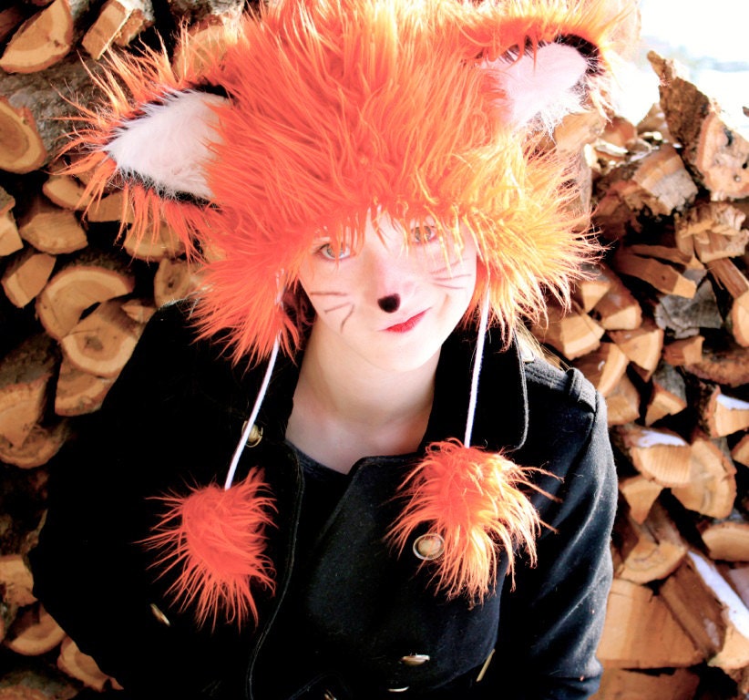 Furry Fox Hat Faux Fur Cat Ears Orange Red by PensandPaperPlanes