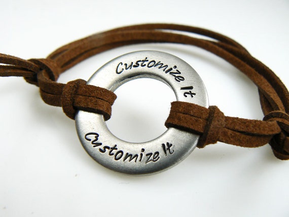 Washer Bracelet , Leather, Hand Stamped , personalized , Men's or Women's Custom Initial Bracelet , leather band, bulk discount