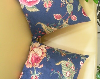 Navy & Burgundy Floral/Burgundy Check Reverse Print Decorator Throw Pillow