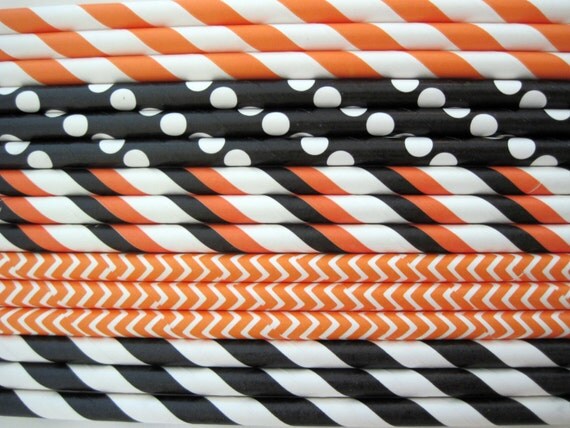 Black and Orange Halloween Paper Straw Mix - Stripe, Chevron & Dot - ships less than 24 hours Il_570xn