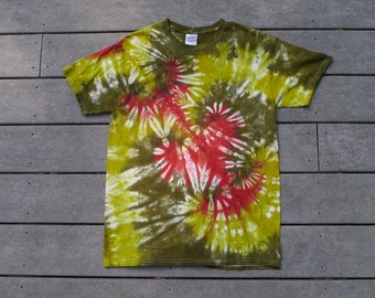 Birds In Flight: Tie Dyed T-shirt Of An Abstract Line of Red Birds Flying Above The Forest Below, Men's Medium or Women's Large