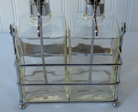 3 Piece Liquor Bottle Pump Decanter Set Chrome Carrying Rack