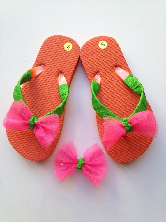 Orange Pink Tulle ribbon flip flops with matching by DecoBabyShoes