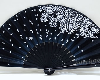 Fabric Japanese Sakura Season Black and white, Kimono Sensu, hand fan, folding fan, wedding fan