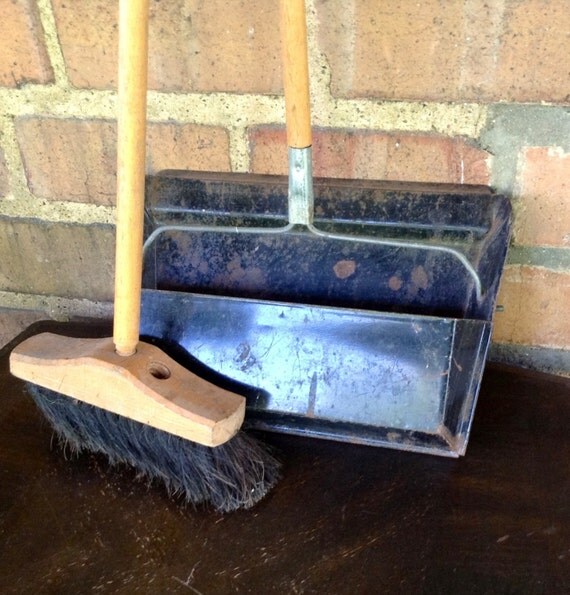 Vintage Broom & Dustpan//wooden broom and metal dustpan//1970s