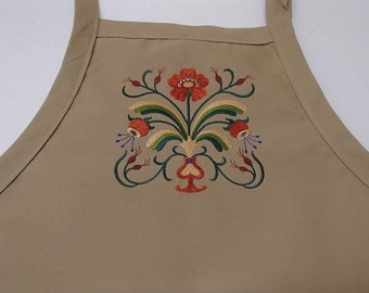 Embroidered Scandinavian Folk Art Floral on Black or Khaki Apron #440