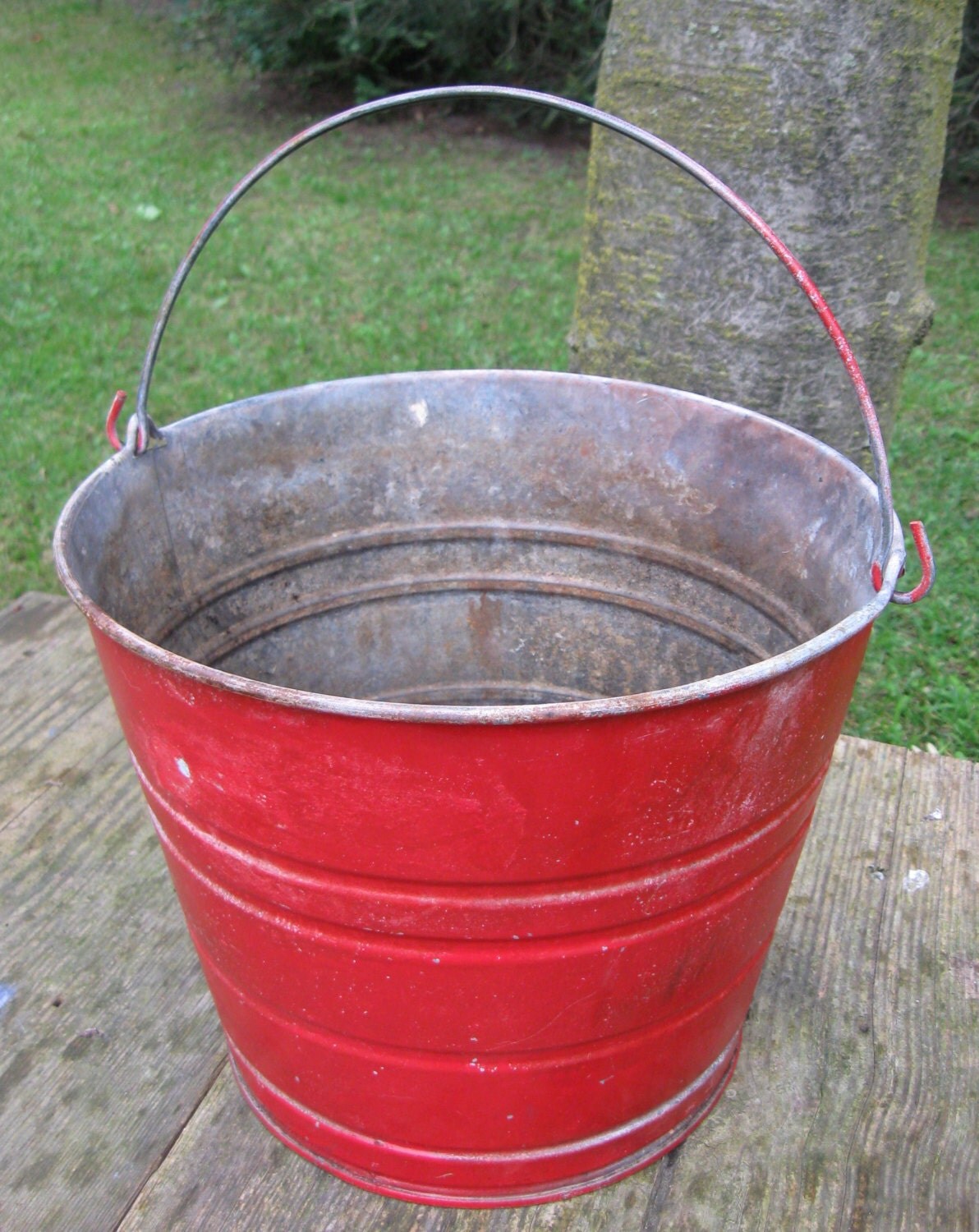 Vintage Pail Bucket Metal Antique Red Pail Christmas by PoemHouse