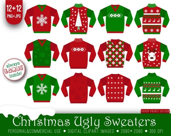 12 Ugly Christmas sweaters clipart white red green xmas