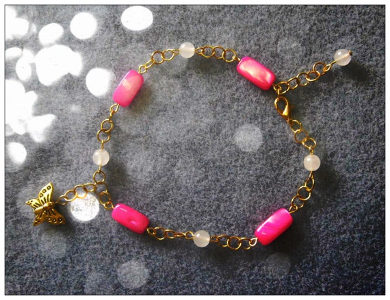 Handmade Gold Anklet with Pink Seashell, Opal & Butterfly by IreneDesign2011